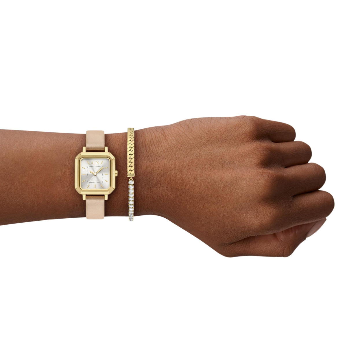 Ladies wrist watch with beige leather strap and rhinestone bracelet accessory