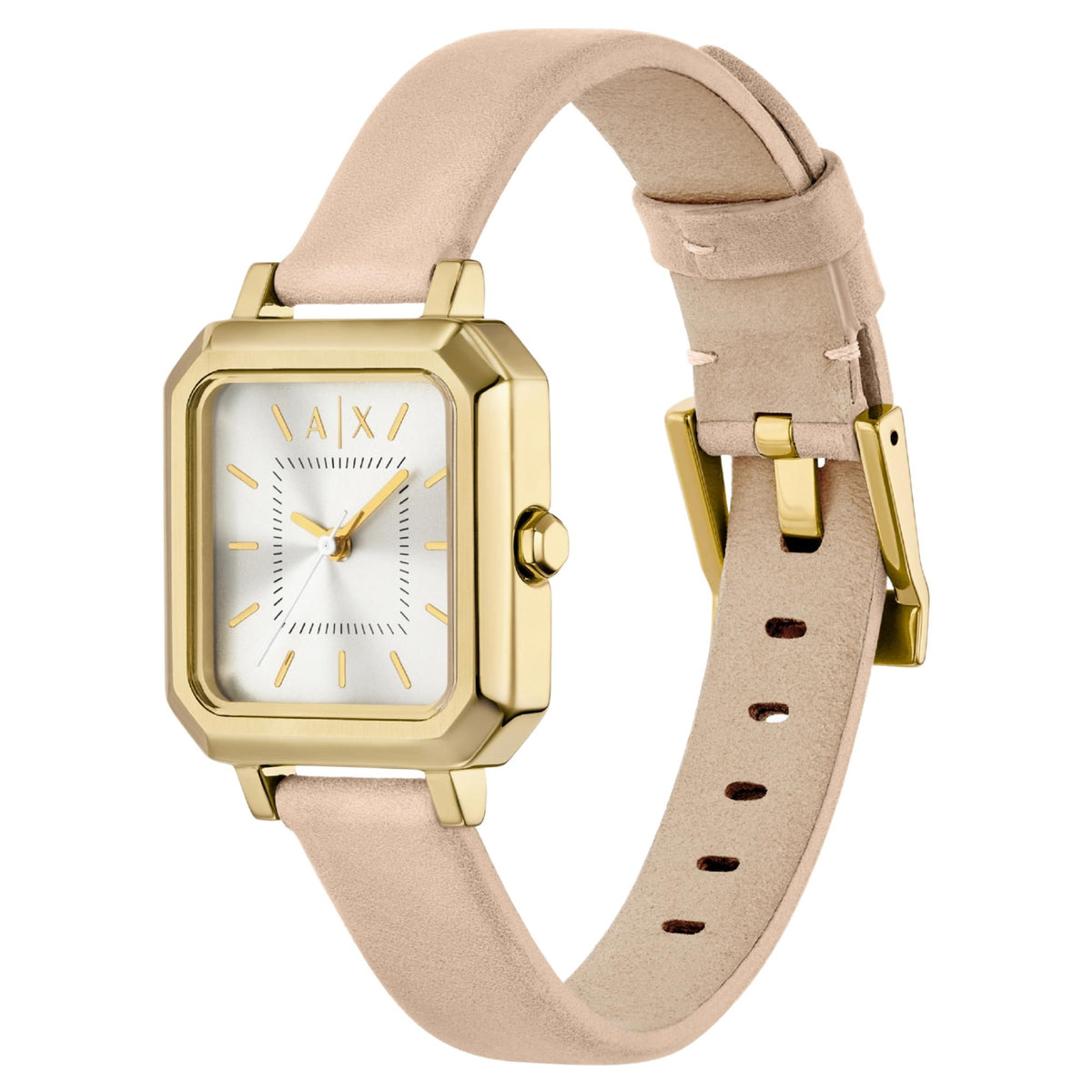 Gold-tone square quartz watch with beige suede leather strap and side crown
