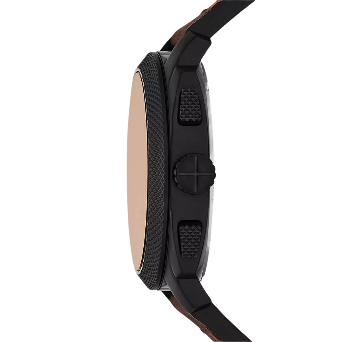 Chronograph watch side profile with textured bezel and brown leather strap