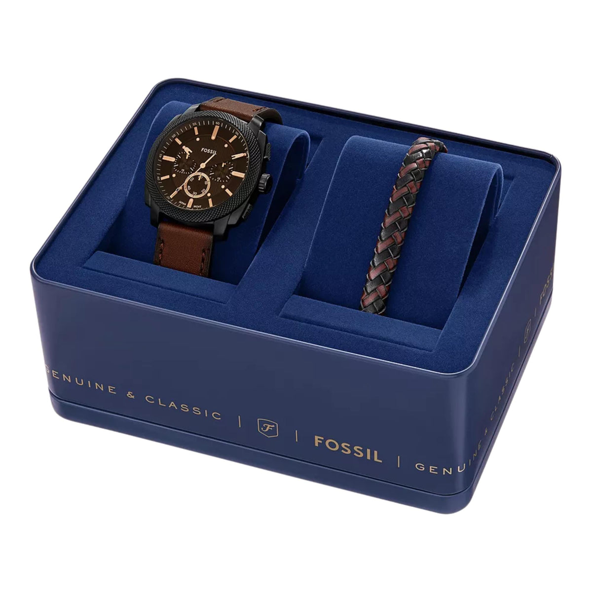 Blue watch gift box with FOSSIL logo on the lid