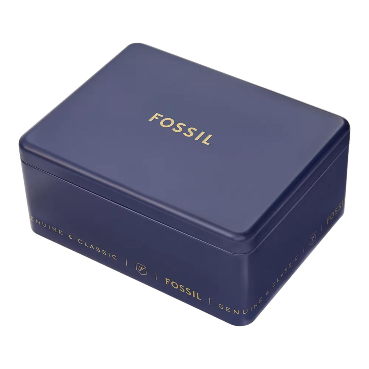 Fossil branded watch gift box with FOSSIL logo on dark blue lid