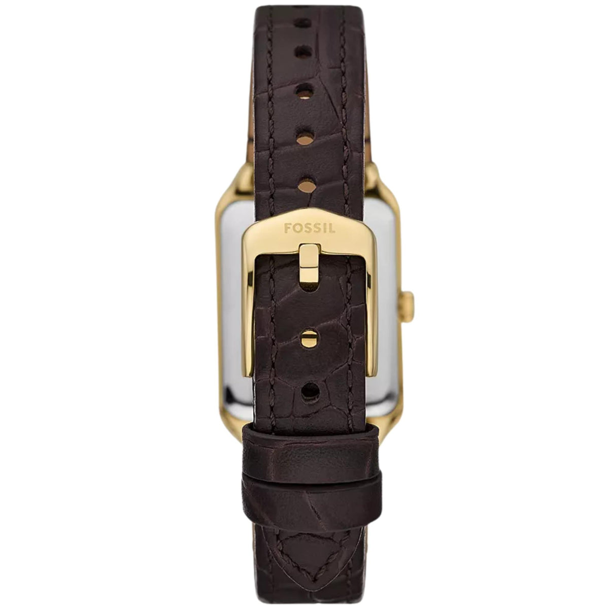 Rear view of Fossil Raquel ES5367 showing the gold-tone pin buckle, brown textured leather strap, and case back outline