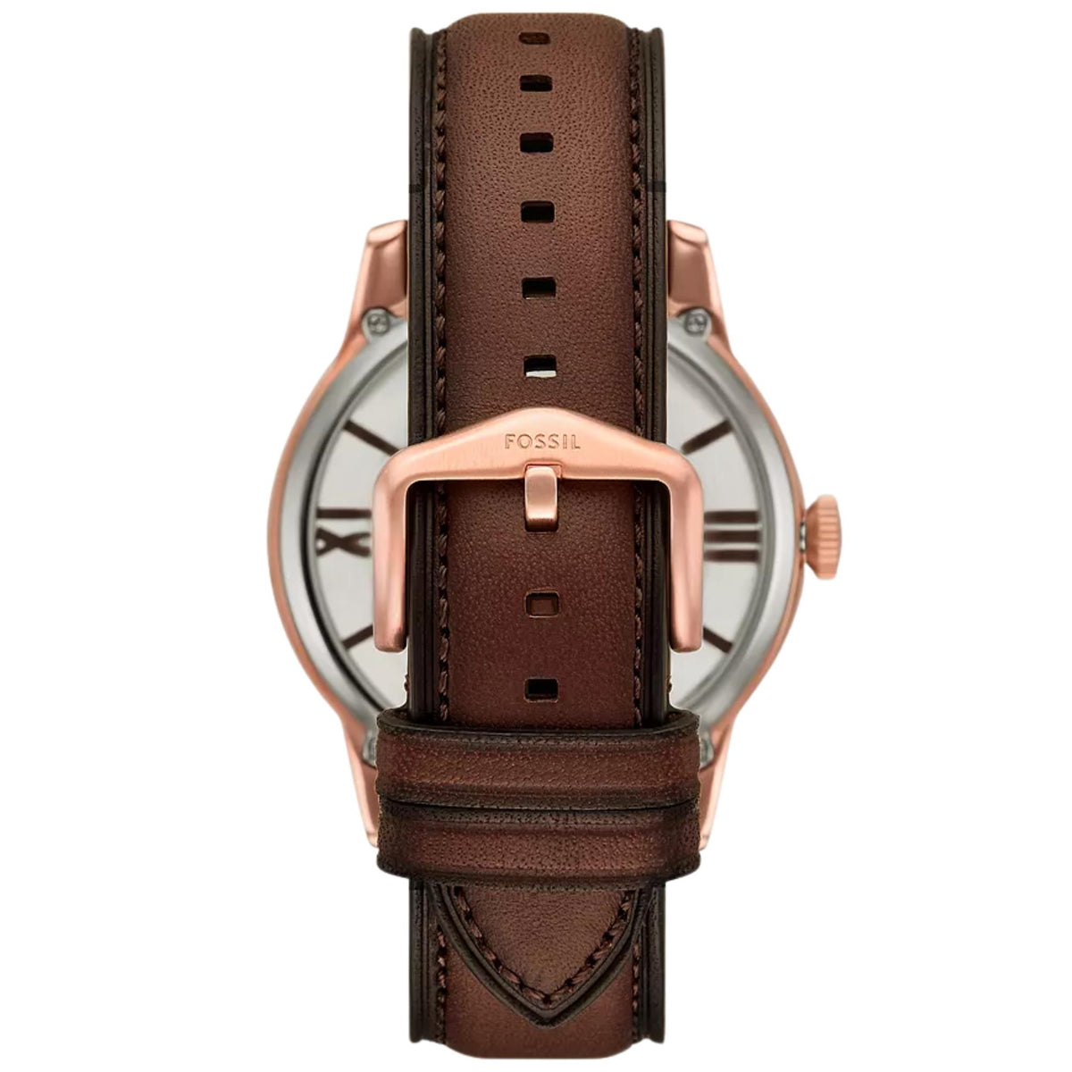 Fossil Townsman ME3259 brown leather strap, rose gold-tone buckle, and brand detail
