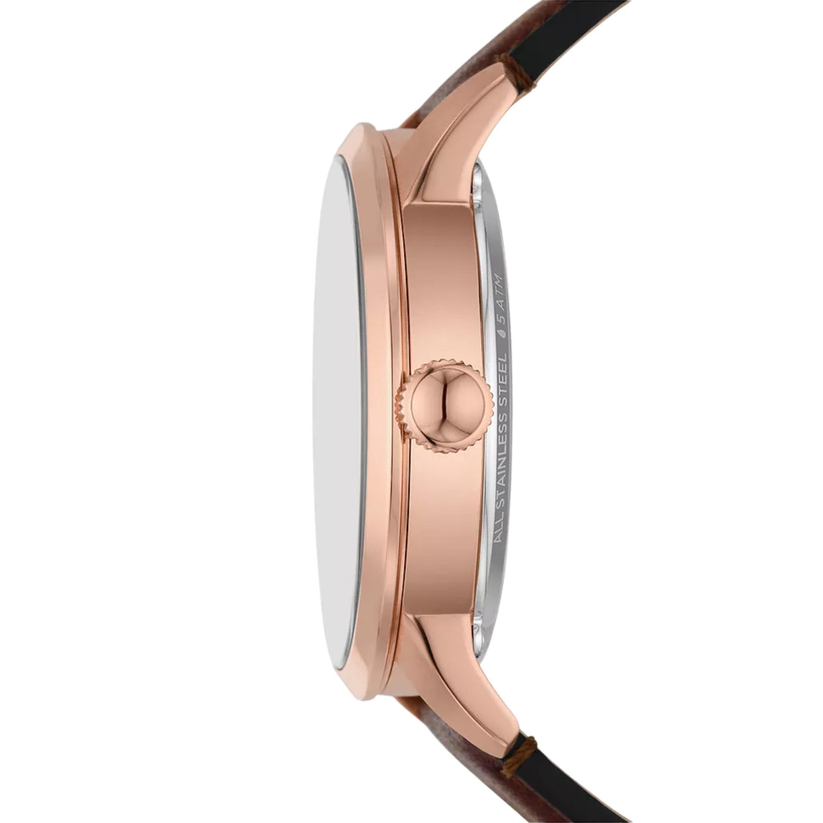 Fossil Townsman ME3259 rose gold-tone stainless steel case profile side view with textured crown