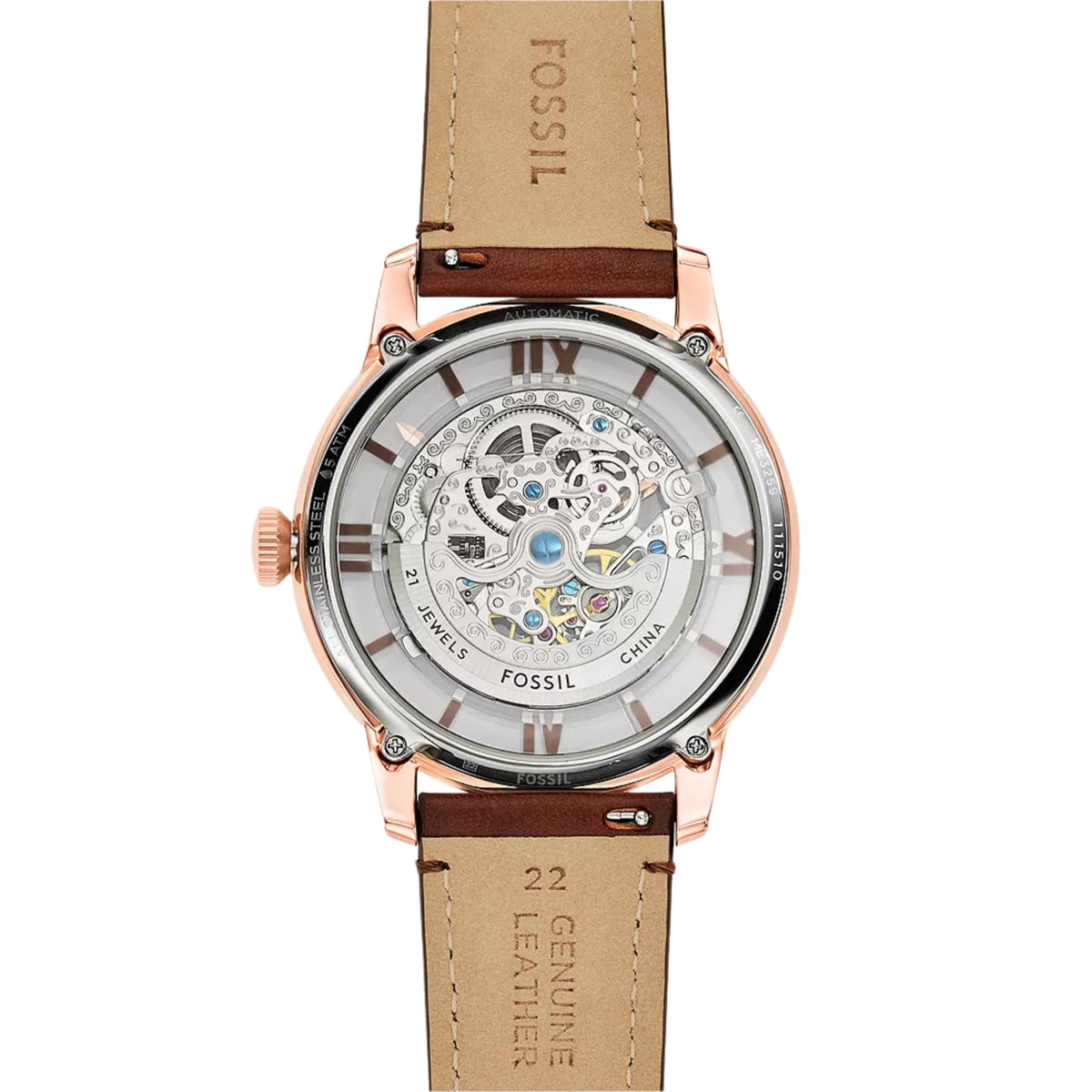 Fossil Townsman ME3259 exhibition caseback view showing the automatic skeleton movement and inner leather strap details