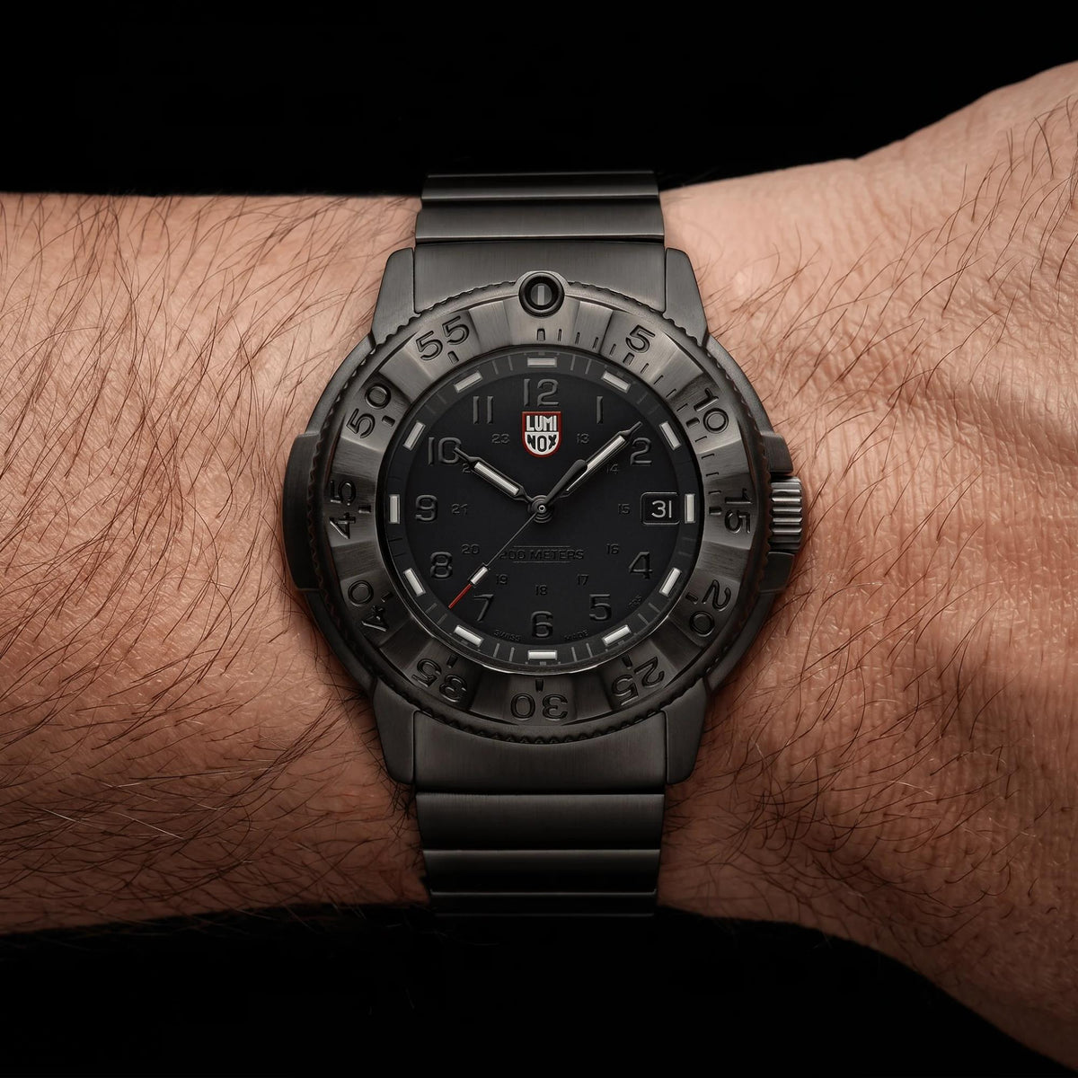On-wrist view of Luminox Navy SEAL Foundation XS.3228.NSF dark dial tactical quartz watch
