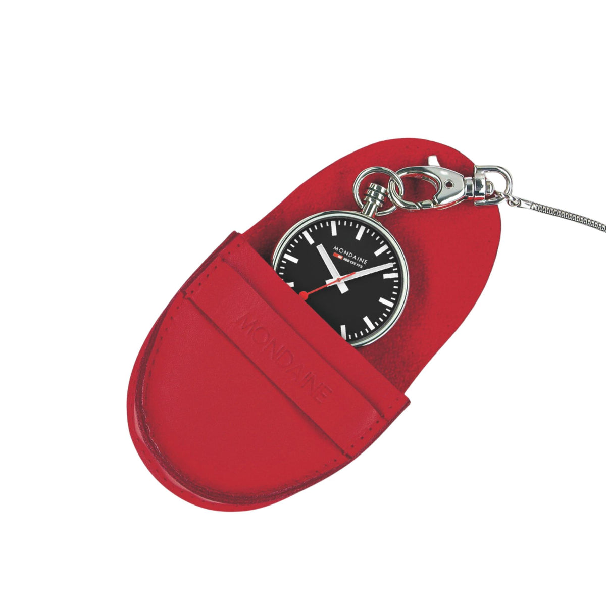 Mondaine Black Dial Pocket Watch A660.30316.20SBB resting partly tucked inside an oval-shaped, vibrant red leather carrying pouch with the Mondaine name embossed on the front strap