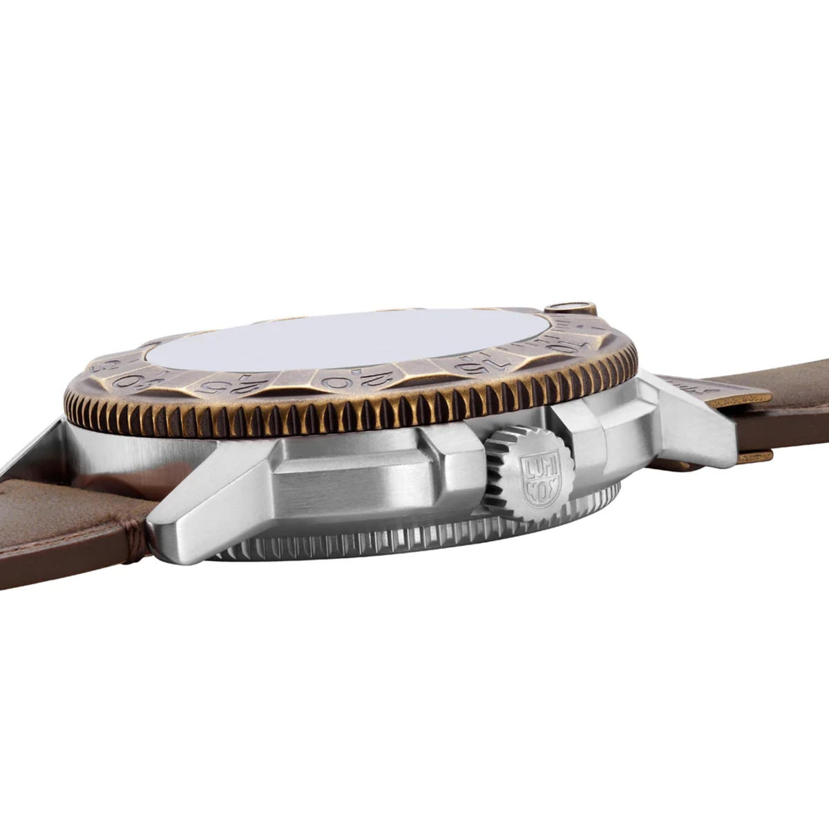 Side profile of Luminox Adventure Watch XL.1301.LG showing the brushed silver-tone case, the ridges of the bronze bezel, and the steel crown engraved with the Luminox logo