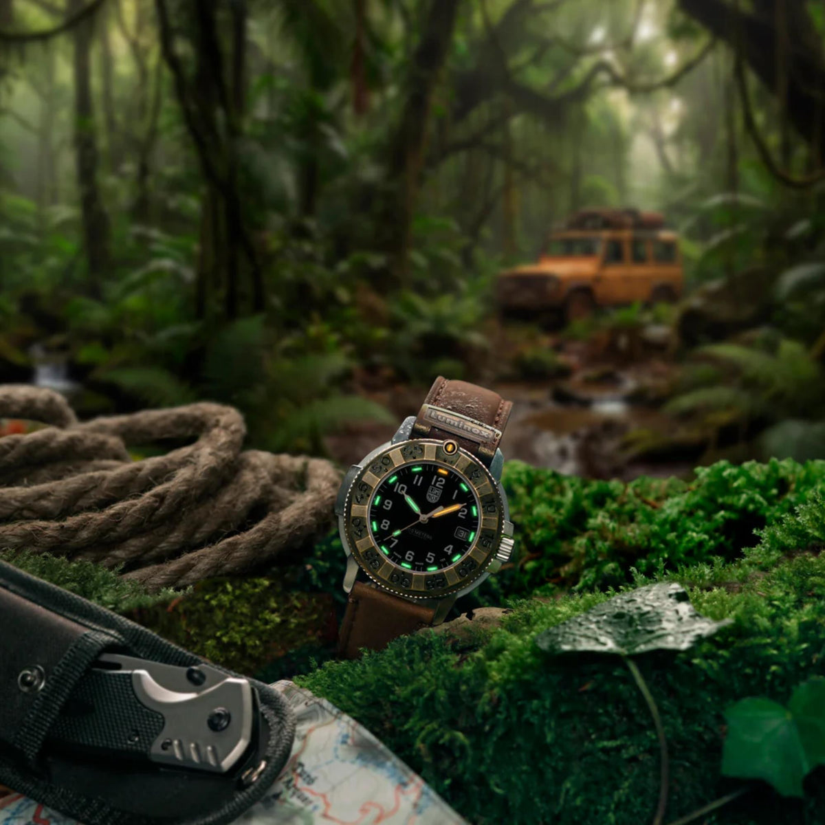 The Luminox Adventure black dial watch XL.1301.LG rests on a bed of green moss in a dense jungle, showing its glowing green and orange hands