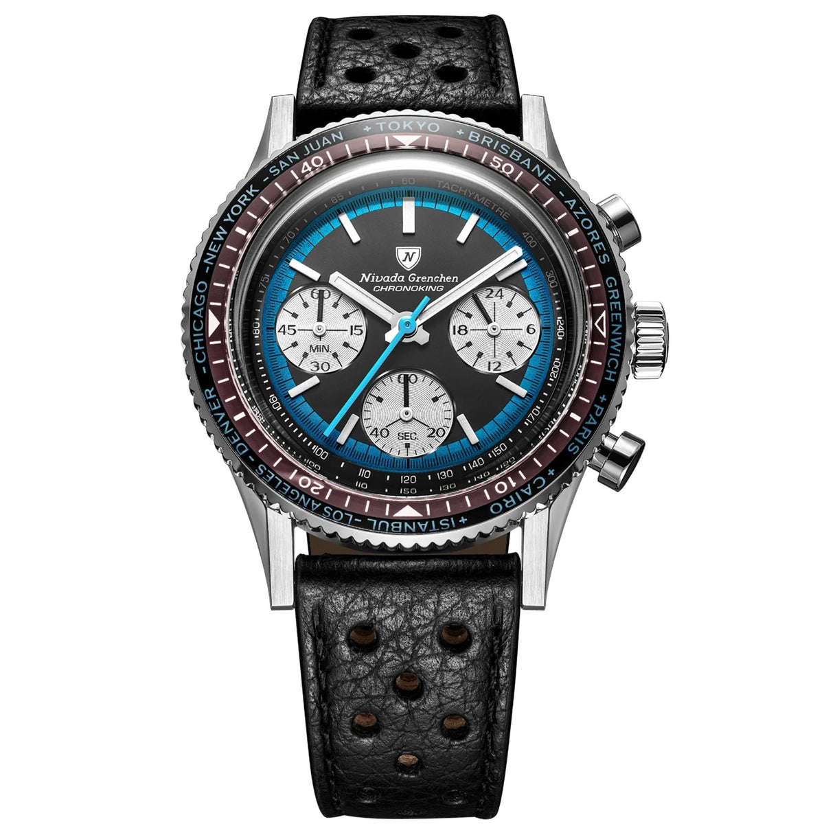 Nivada Grenchen Chronoking watch 87053Q10 with a black leather strap, stainless steel case, black dial with a blue sub-dial ring, and a black and red tachymeter bezel