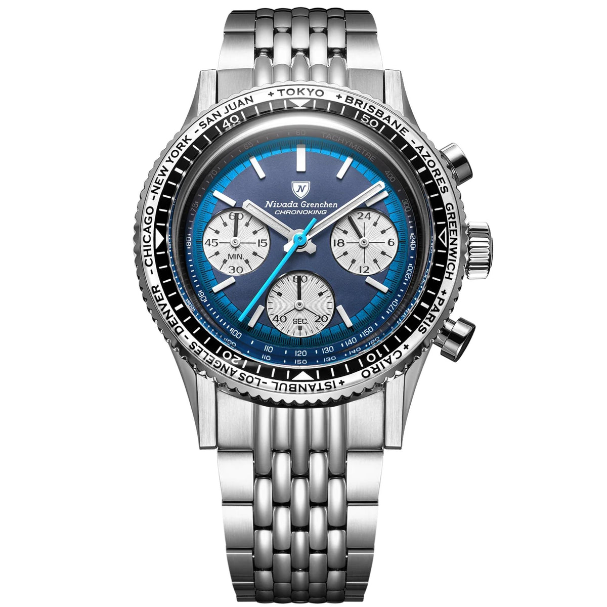 Studio shot of Nivada Grenchen Chronoking watch, featuring a black and silver tachymeter bezel