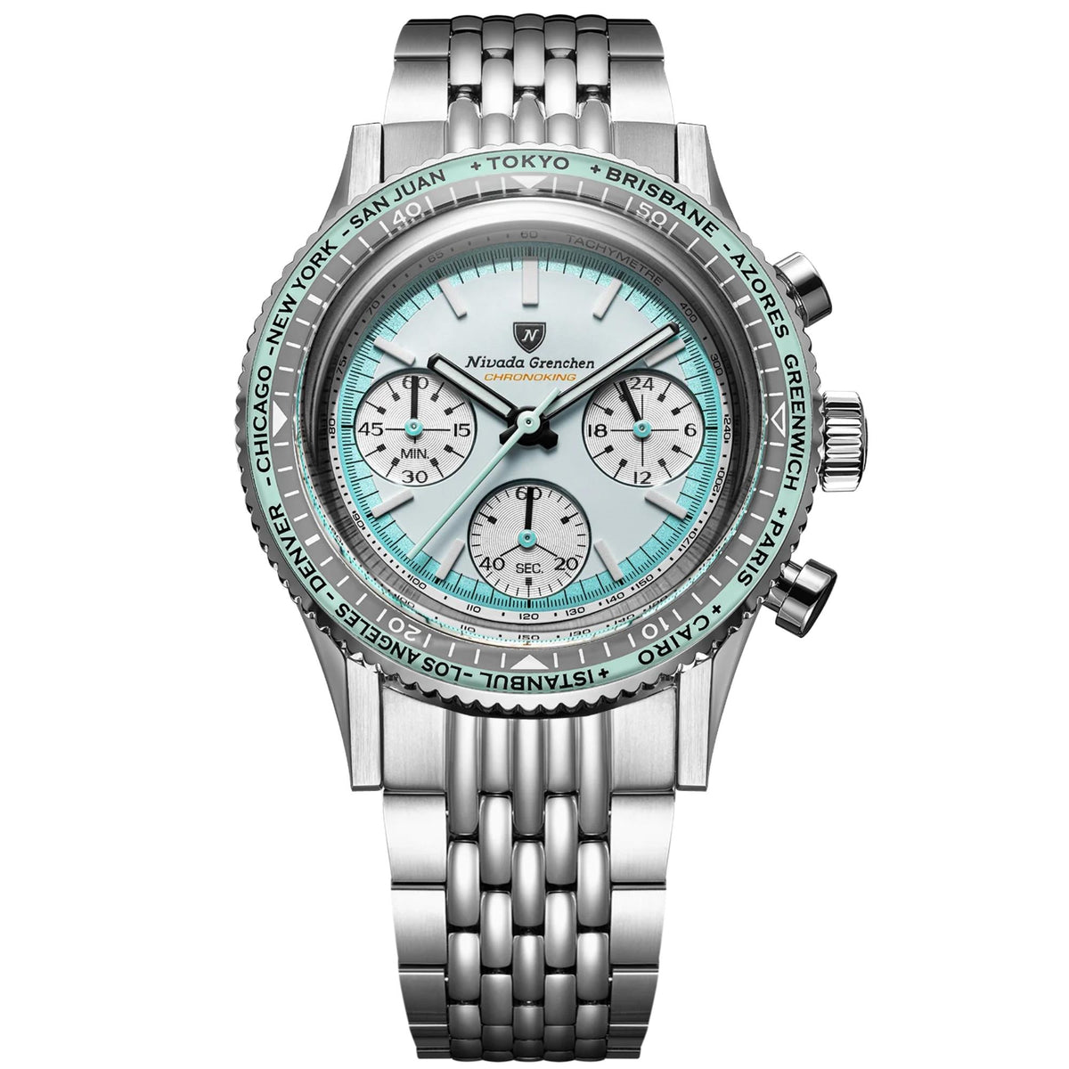 Front view of Nivada Grenchen Chronoking meca-quartz watch 87056Q04 on a stainless steel beads-of-rice bracelet, featuring a white dial with light blue accents and a tachymeter bezel