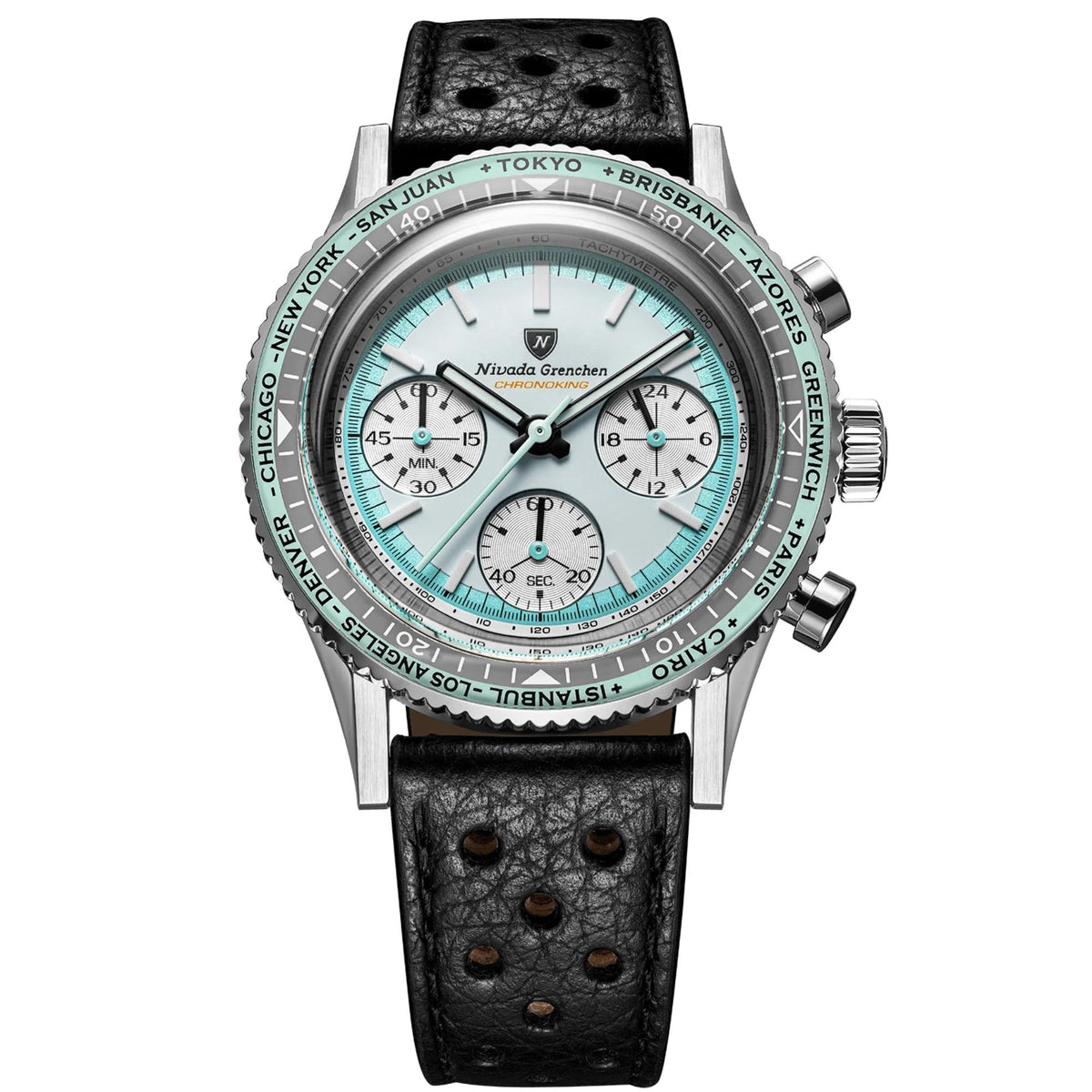 Nivada Grenchen Chronoking mecaquartz watch featuring a white dial with light blue accents, a black leather racing strap, and a tachymeter bezel