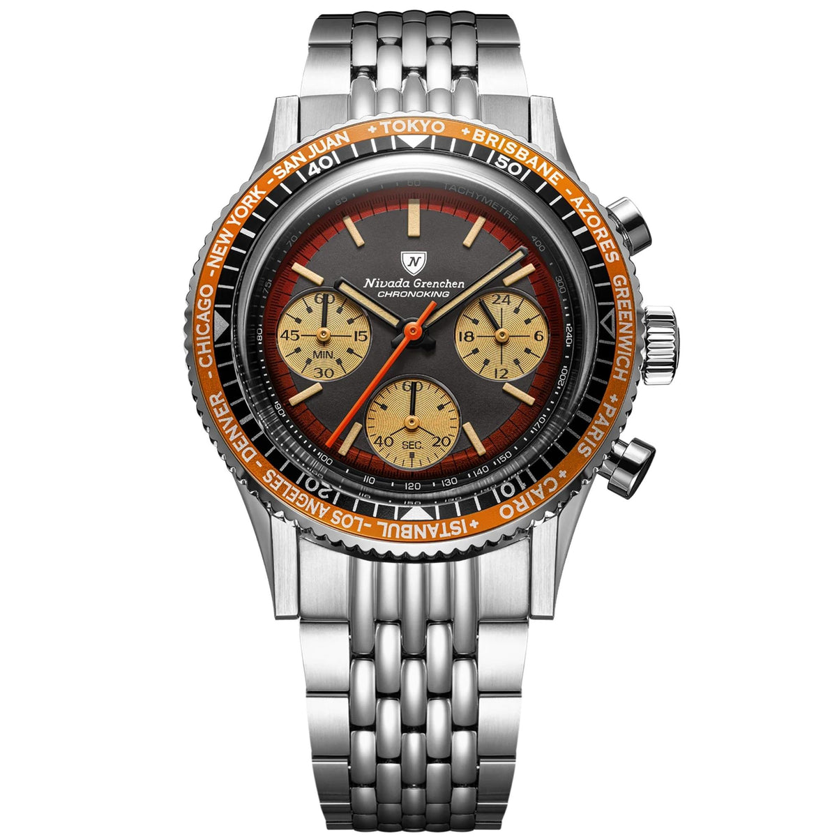 Nivada Grenchen Chronoking watch with a stainless steel bracelet, featuring a vibrant orange world-time city bezel