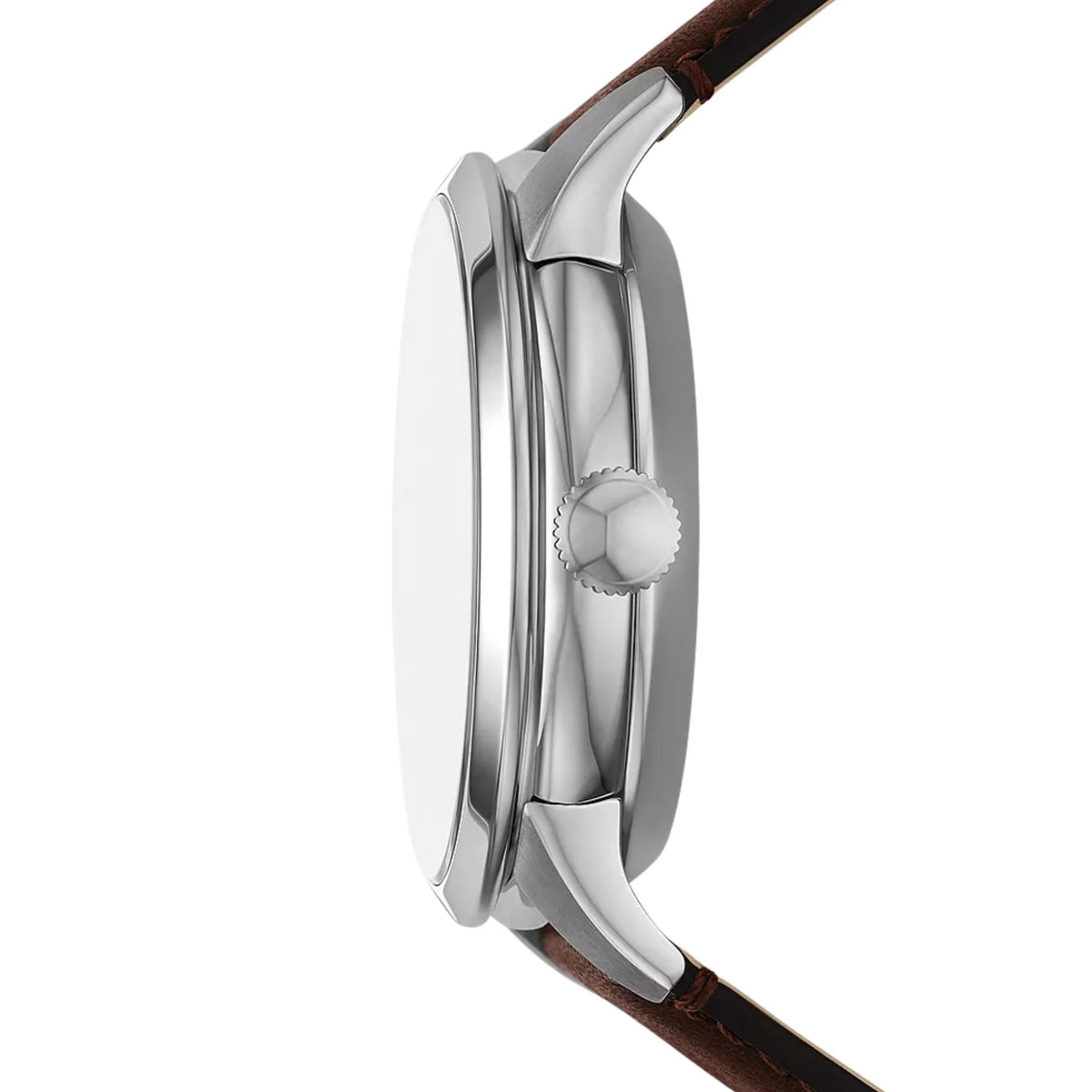 Profile side view of the Fossil Townsman ME3266 timepiece displaying the polished stainless steel case and grooved crown.