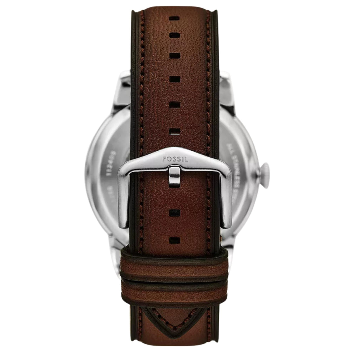 Rear view of the brown leather band and silver buckle closure on the Fossil Townsman ME3266 automatic watch.