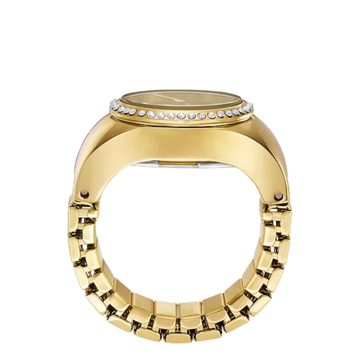 Side view of the Fossil Watch Ring ES5319 showing the gold-tone case structure, elevated crystal bezel, and flexible link ring band
