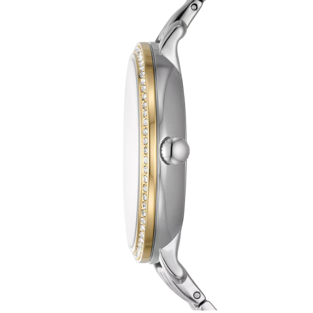 Two-tone steel quartz watch case with gold-tone accents and diamond-look bezel
