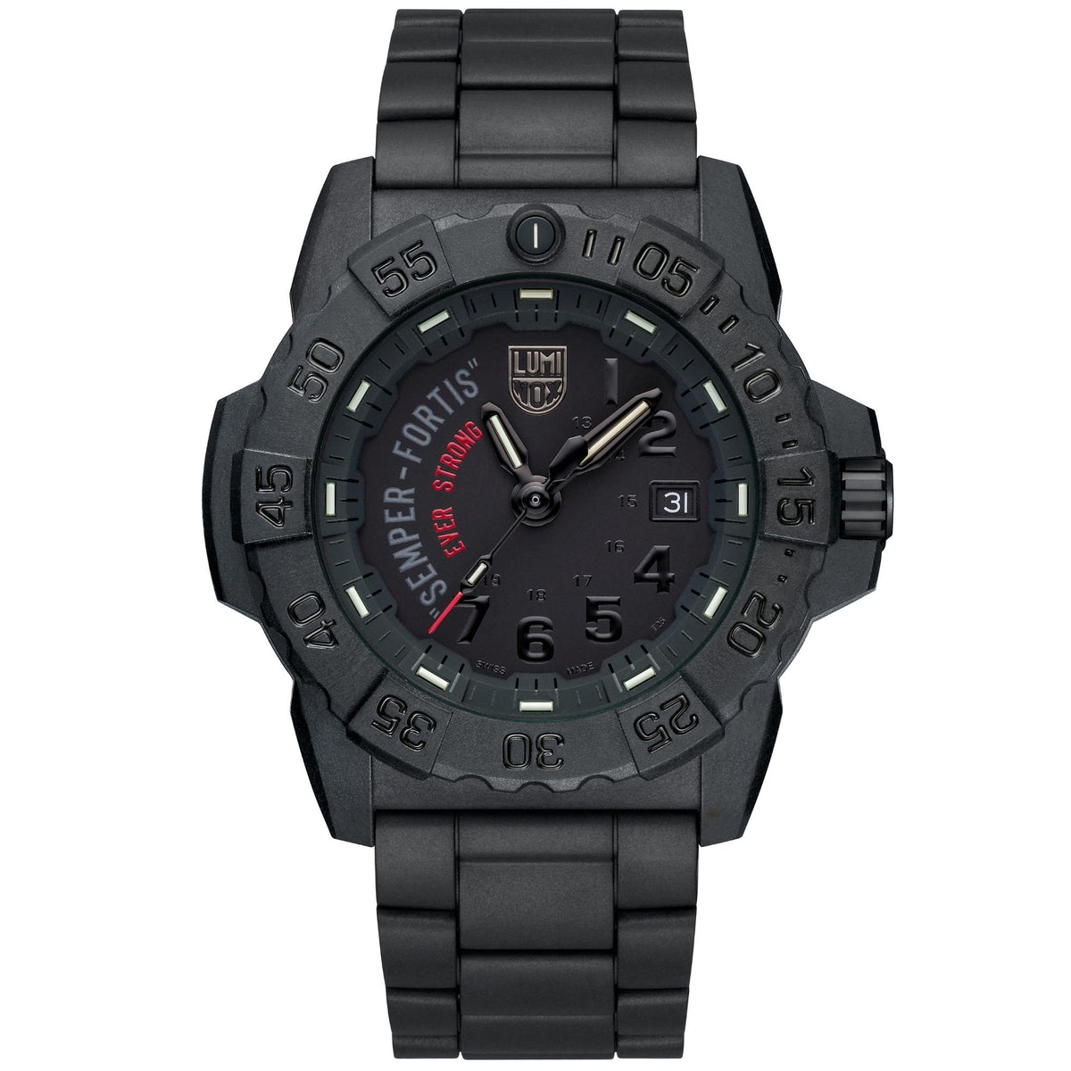 Luminox Navy SEAL XS.3515.N front view of black dial with Carbonox case profile and matching bracelet