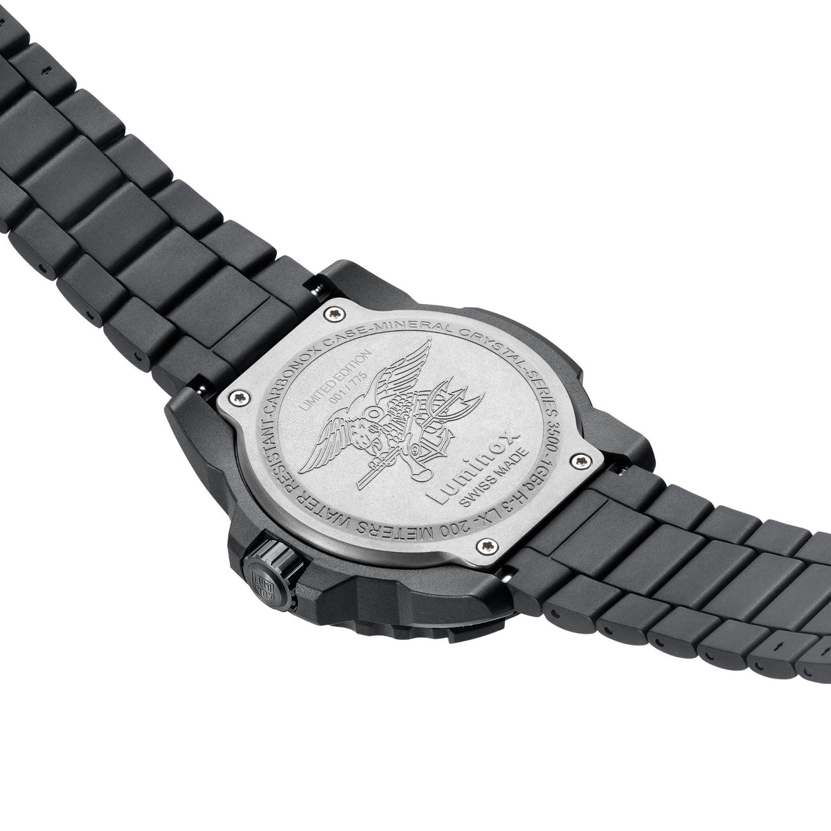 Luminox Navy SEAL XS.3515.N back case view featuring engraved military emblem and link bracelet