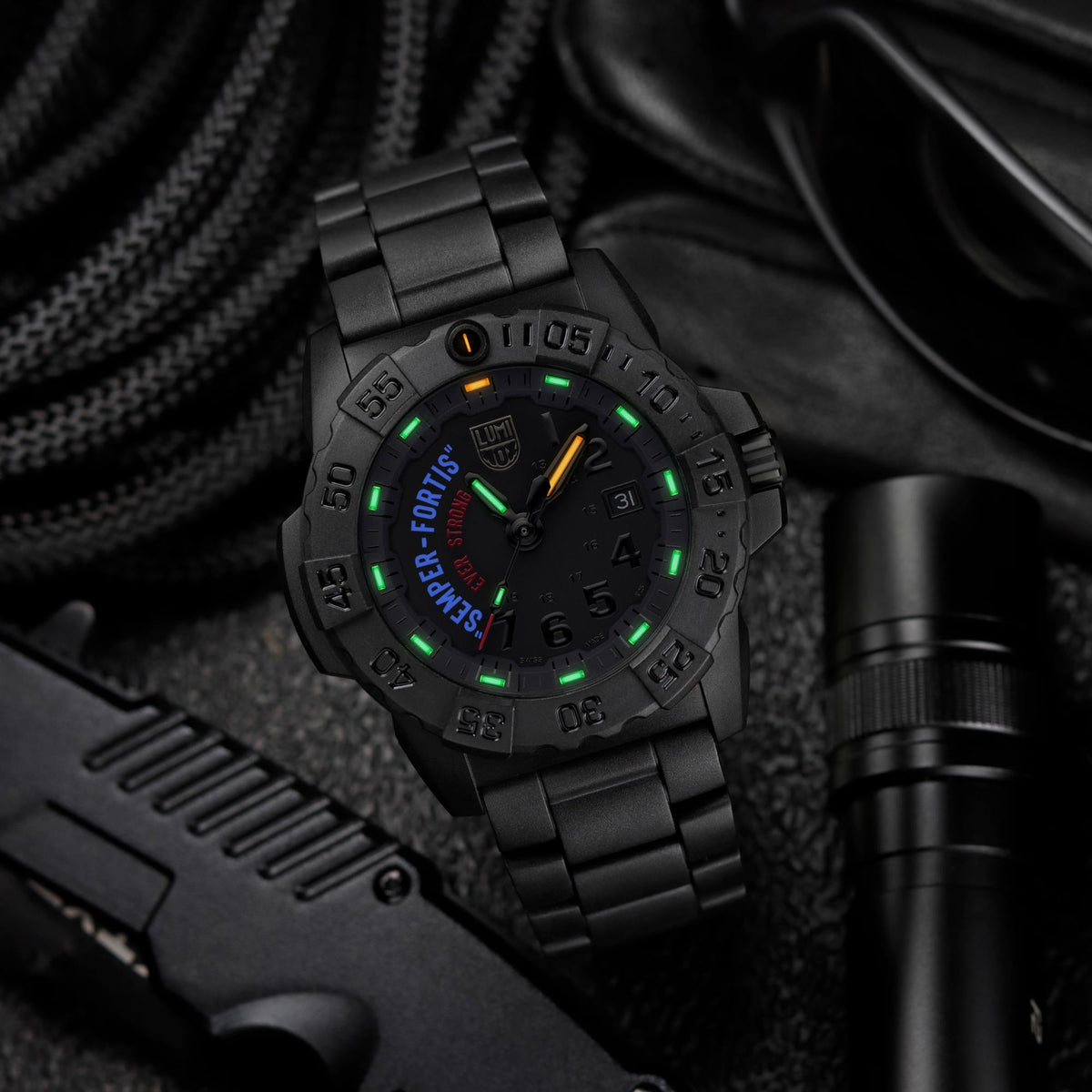Luminox Navy SEAL XS.3515.N tactical product view showing illuminated black dial with Carbonox case