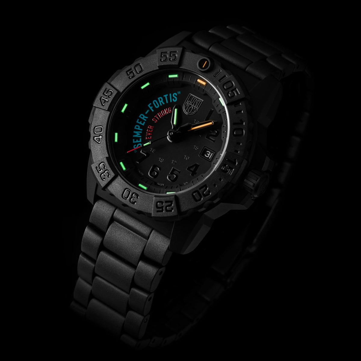 Luminox Navy SEAL XS.3515.N side perspective view showing illuminated black dial against dark background