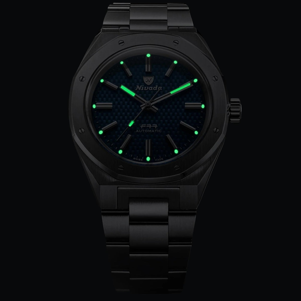 Nivada Grenchen men's black chronograph wristwatch with green lume hands and subdials
