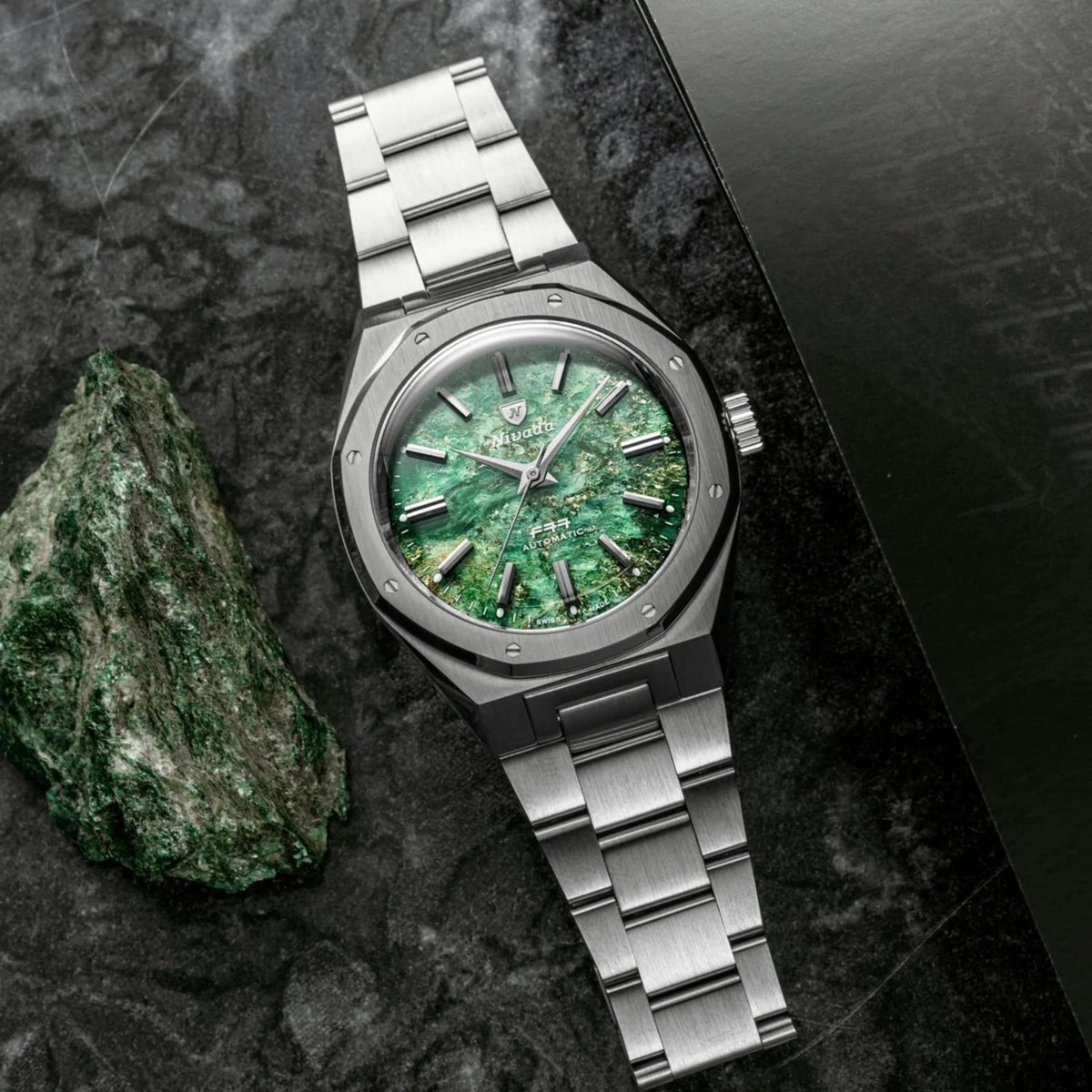 Nivada Grenchen F77 MK2 38mm Green Dial Steel Mens Automatic Watch 68053A77