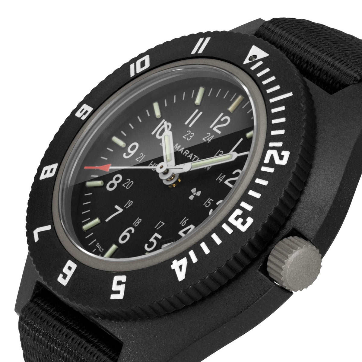 Marathon Navigator WW194013BK-0101 quartz watch detailed perspective highlighting textured bezel markings and crown