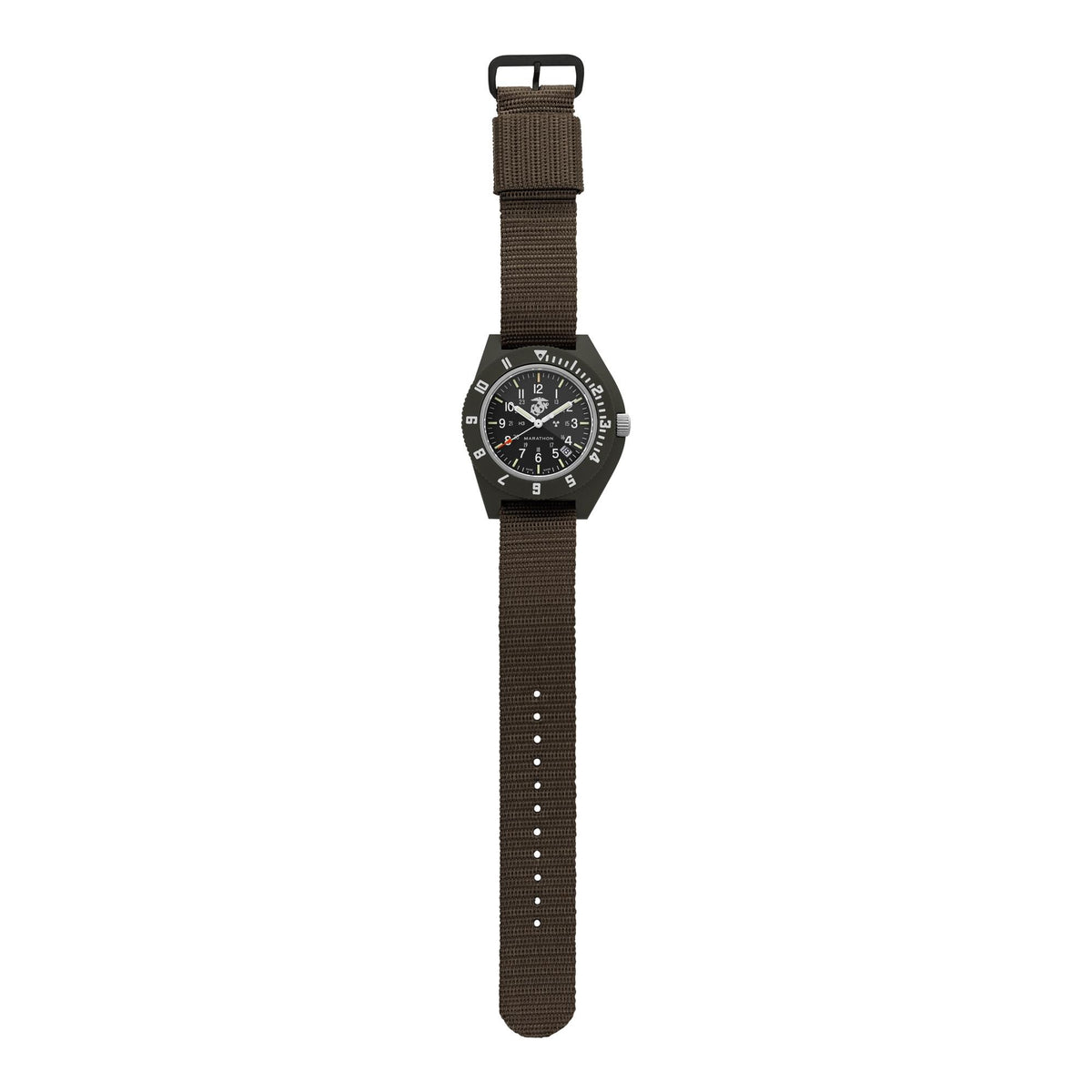 Marathon Navigator WW194013SG-0202 men's quartz watch laid out straight, showing complete nylon strap and buckle