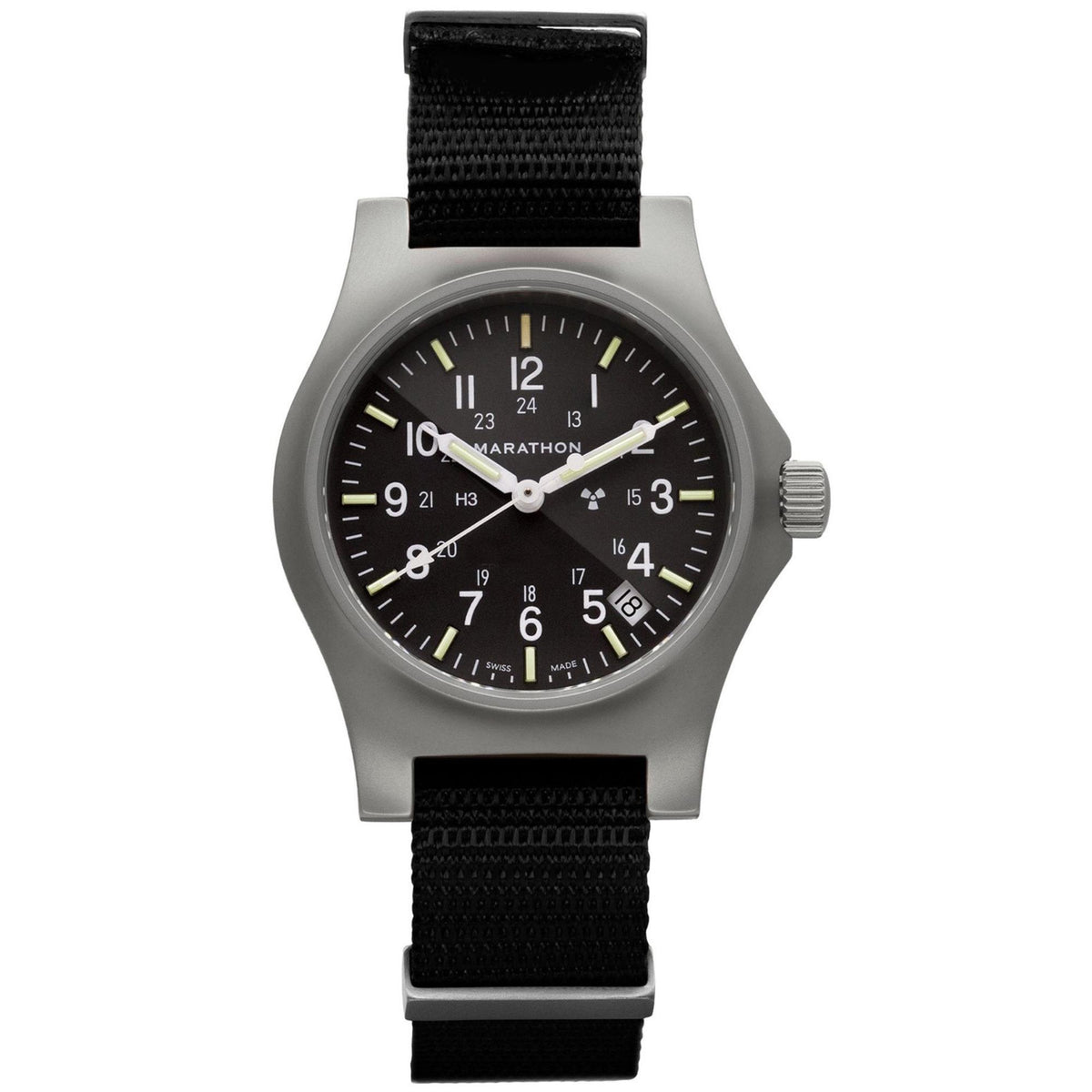 Marathon General Purpose WW194015SS-0101 Officer’s Field Quartz watch showing black dial with stainless steel case and black strap on plain background