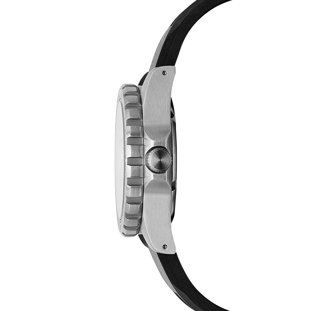 Marathon MSAR WW194027SS-0130 quartz watch side profile showing steel case with crown guard and black strap