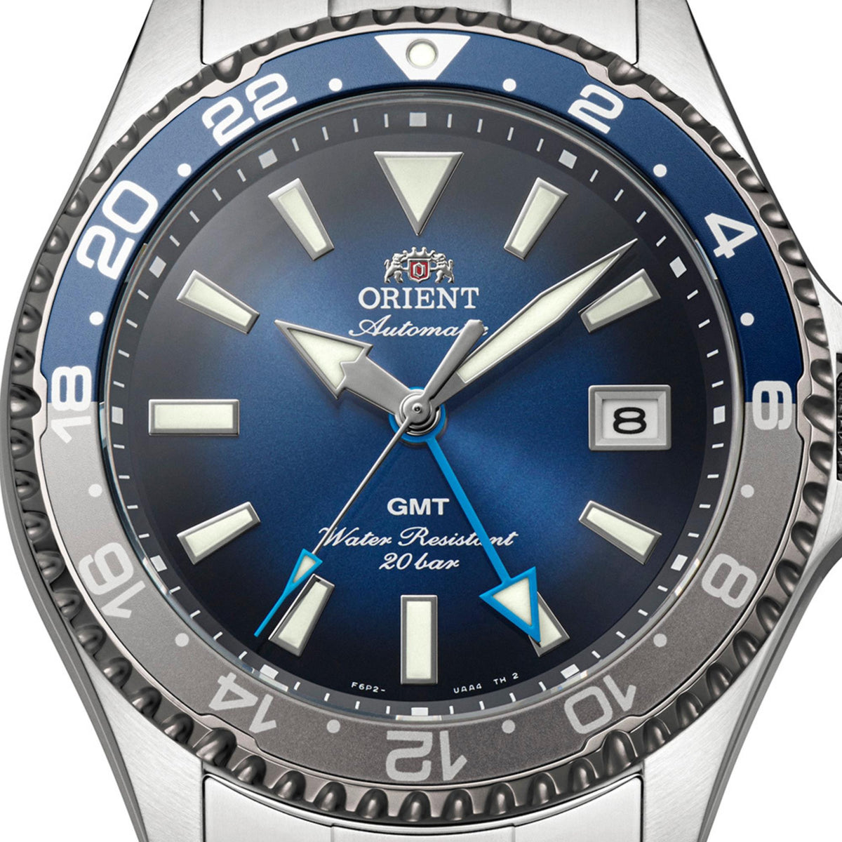 Close-up of the Orient Mako GMT Limited Edition RA-BC0005L30B showing graduated blue dial, hour markers, and blue GMT hand