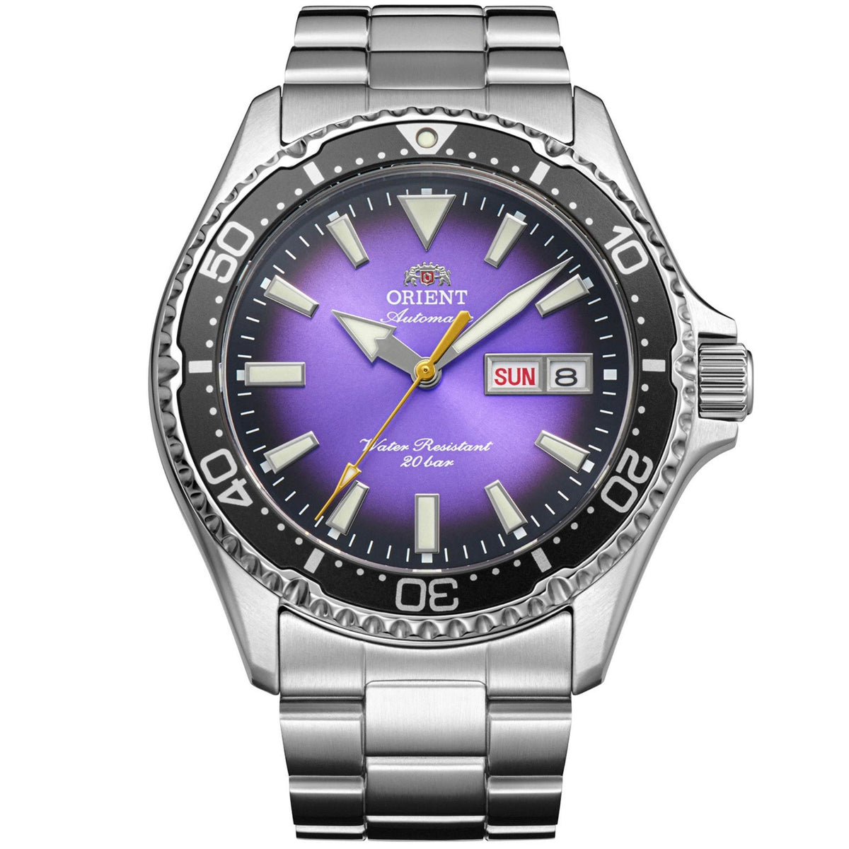 Front view of Orient Mako Kamasu limited-release purple dial automatic watch RA-AA0827V39B with stainless steel case