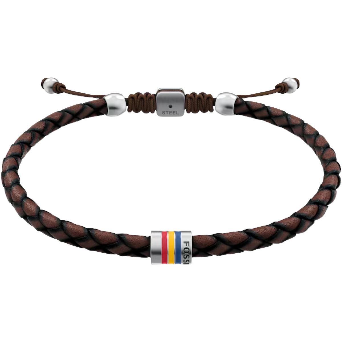 Fossil Everett Enamel 250mm Brown Leather Station Mens Bracelet JF05022040