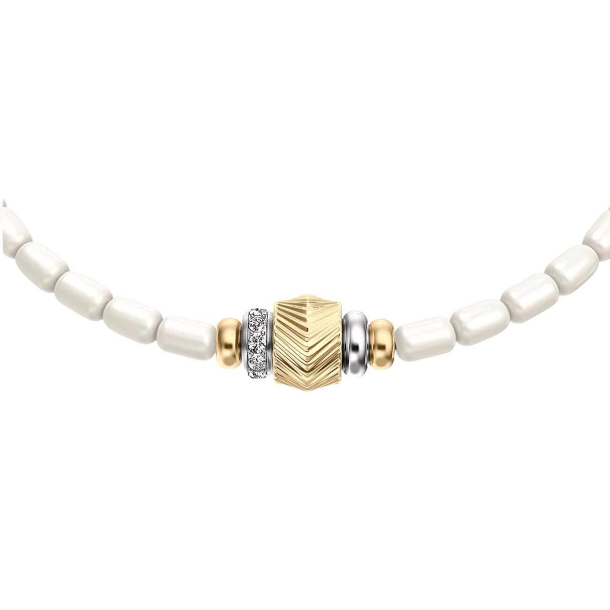 Fossil Harlow Rondelles 165.1mm White Acrylic Pearl Steel Station Ladies Bracelet JF04994998