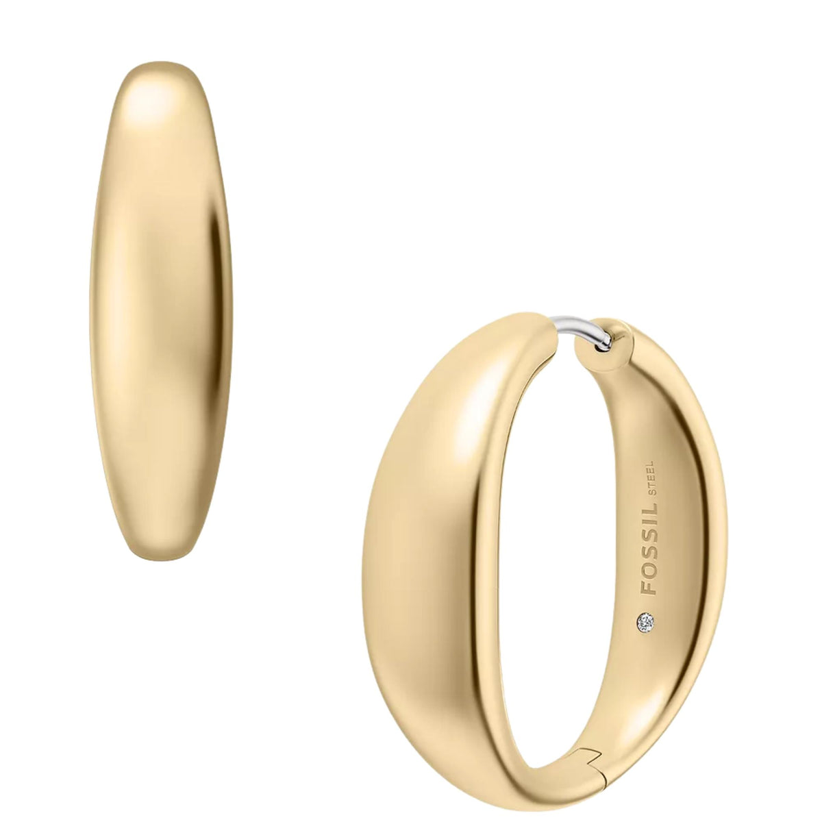 Fossil Ellis Domed 8.25mm Large Gold Steel Hoop Ladies Hoop Earrings JF05003710