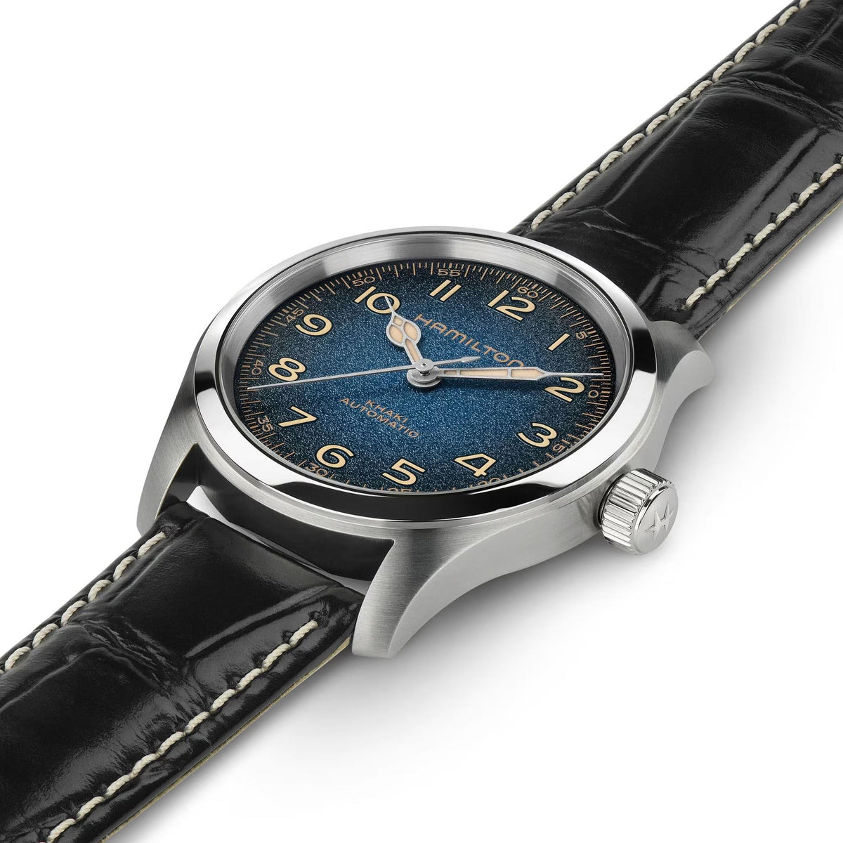 Hamilton Khaki Field Murph H70405740 mens timepiece full-length perspective featuring blue gradient dial and black alligator-grain leather strap