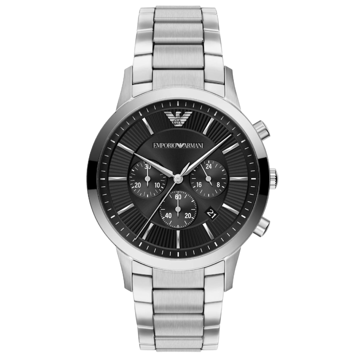 Emporio Armani Archetipo AR11819 mens quartz watch featuring a black dial, sub-dials, silver baton indices, and a stainless steel bracelet