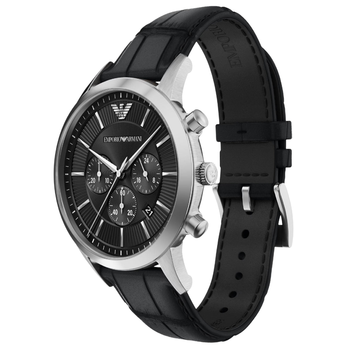 Angled view of the Emporio Armani Archetipo AR11820 watch showing the chronograph pushers, black dial, and leather strap