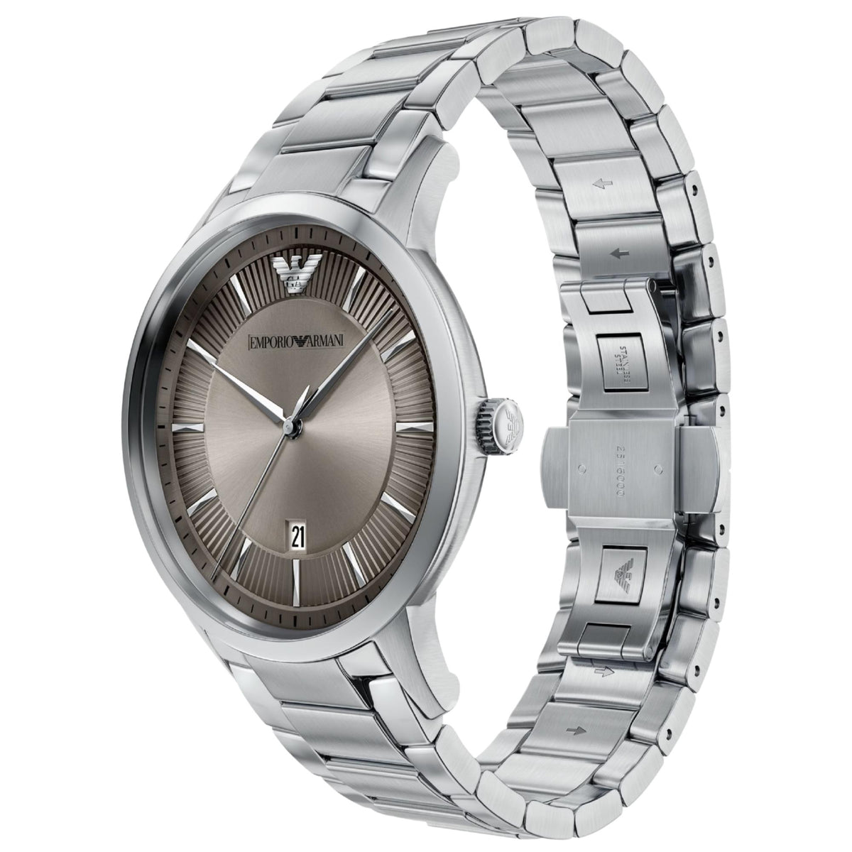 Angled perspective of the Emporio Armani Archetipo AR11825 watch displaying the deployment clasp, steel casing, and grey dial