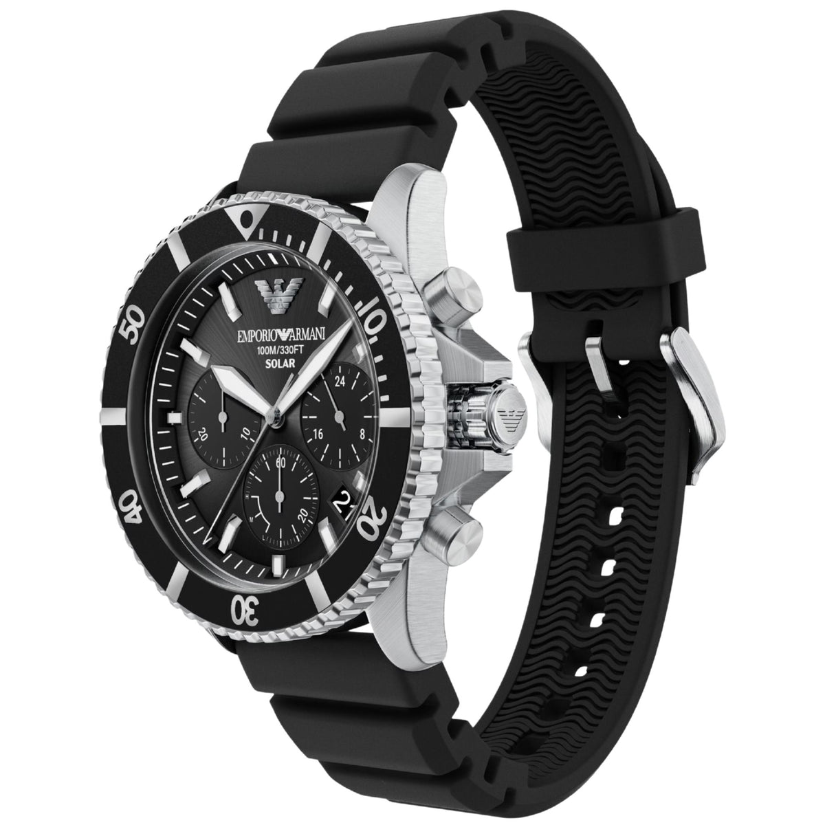 Angled view of the Emporio Armani World Explorer AR11830 watch showcasing the stainless steel case, black solar dial, chronograph counters, and textured black silicone strap with silver pin buckle