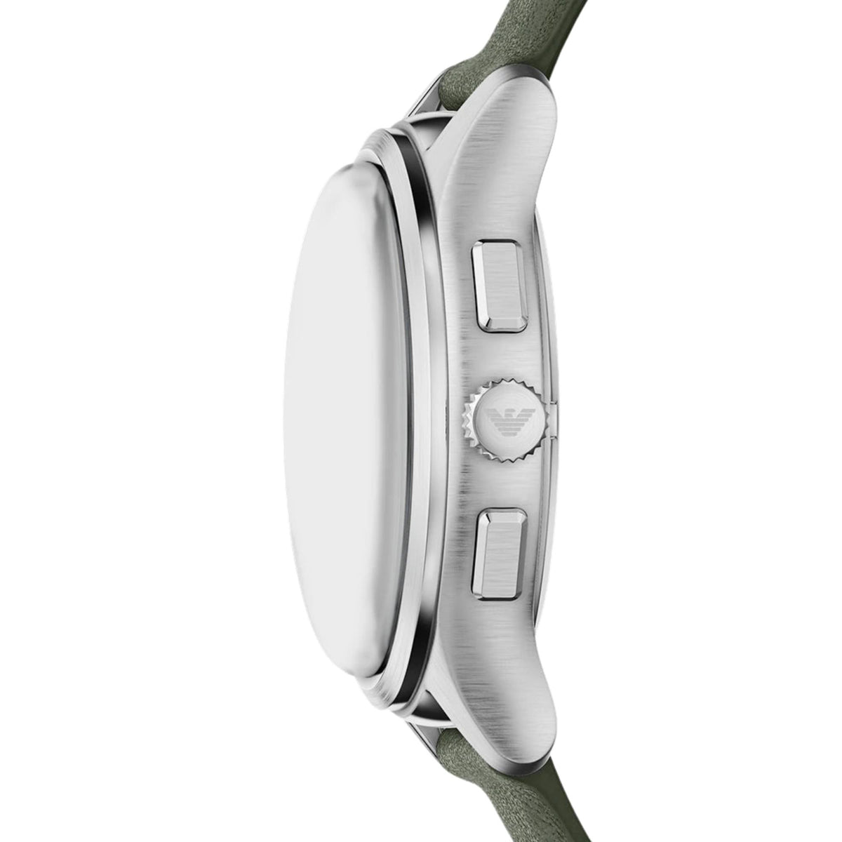 Side profile of the Emporio Armani Dario AR11801 wrist watch highlighting the stainless steel case, dual chronograph pushers, and engraved winding crown