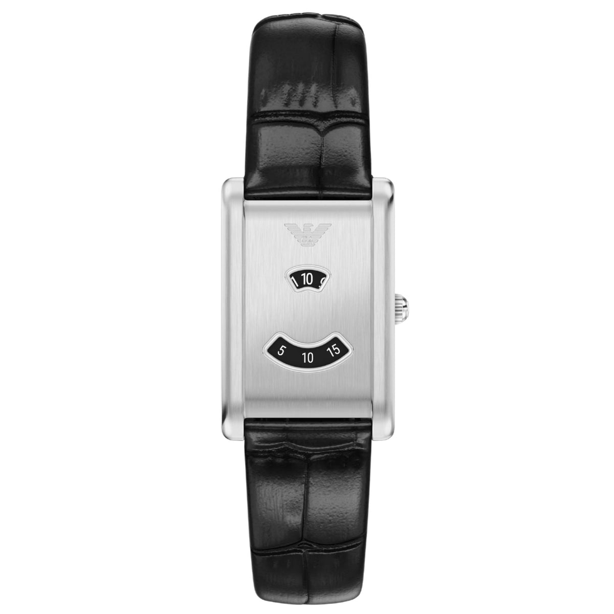 Emporio Armani Mystery Hour AR11816 mens quartz watch featuring a rectangular silver steel case, black dial windows, jumping hour display, and black alligator-embossed leather strap