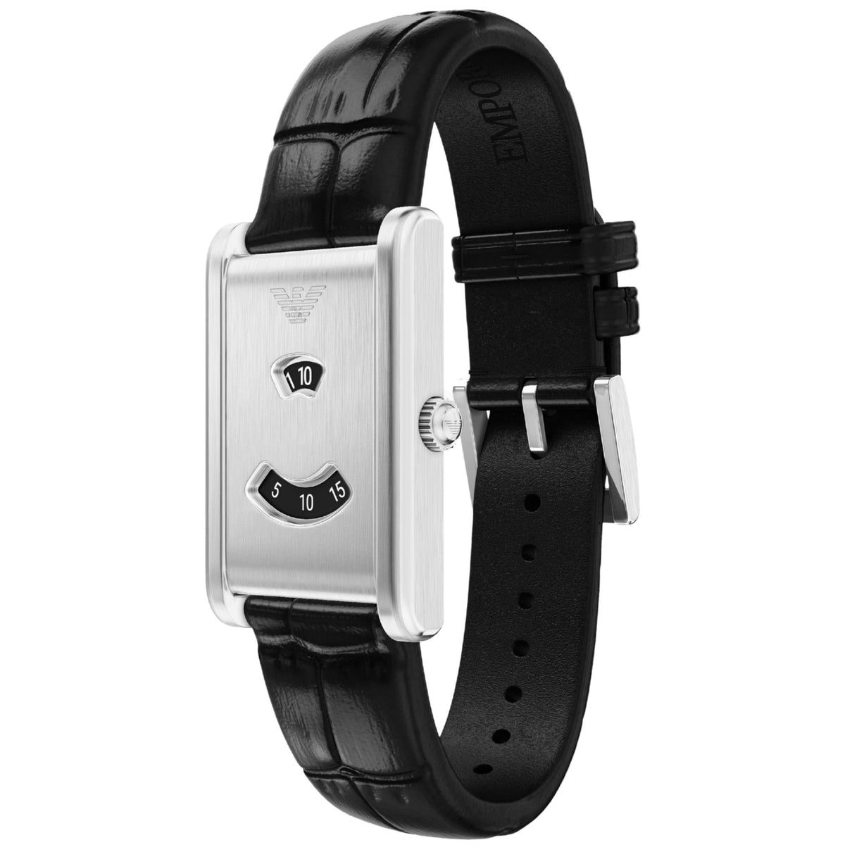 Angled view of the Emporio Armani Mystery Hour AR11816 watch showing the rectangular silver case, black digital-style hour and minute apertures, silver pin buckle, and black leather strap