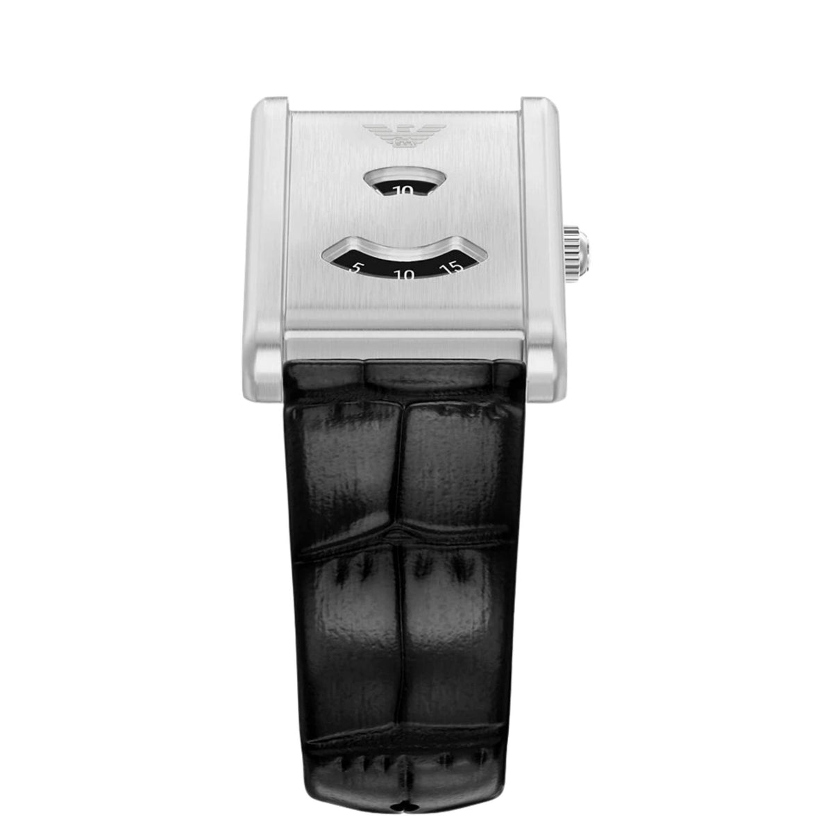 Overhead perspective of the Emporio Armani Mystery Hour AR11816 wrist watch highlighting the brushed steel finish, eagle logo, black dial readouts, and black leather strap