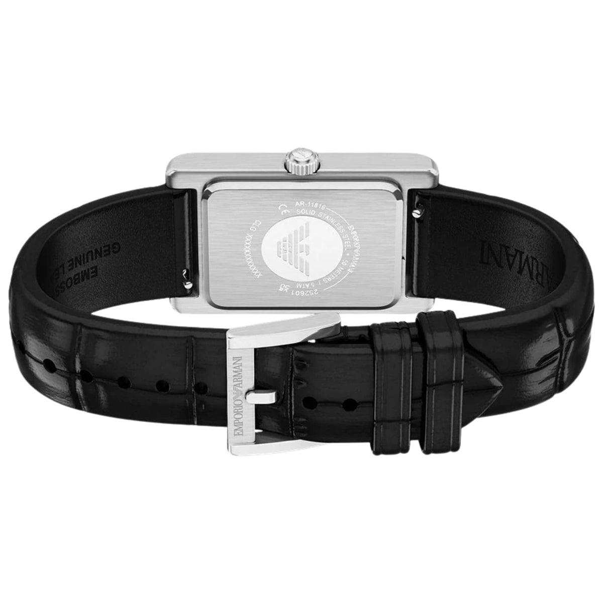 Rear view of the Emporio Armani Mystery Hour AR11816 watch showing the engraved stainless steel case back, black leather strap lining, and branded silver buckle
