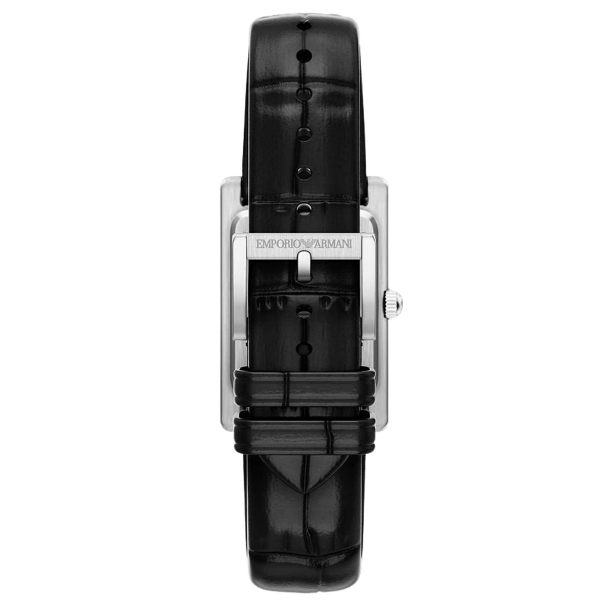 Back view of the Emporio Armani Mystery Hour AR11816 watch showcasing the black alligator-grain leather strap, dual keepers, and engraved Emporio Armani pin buckle
