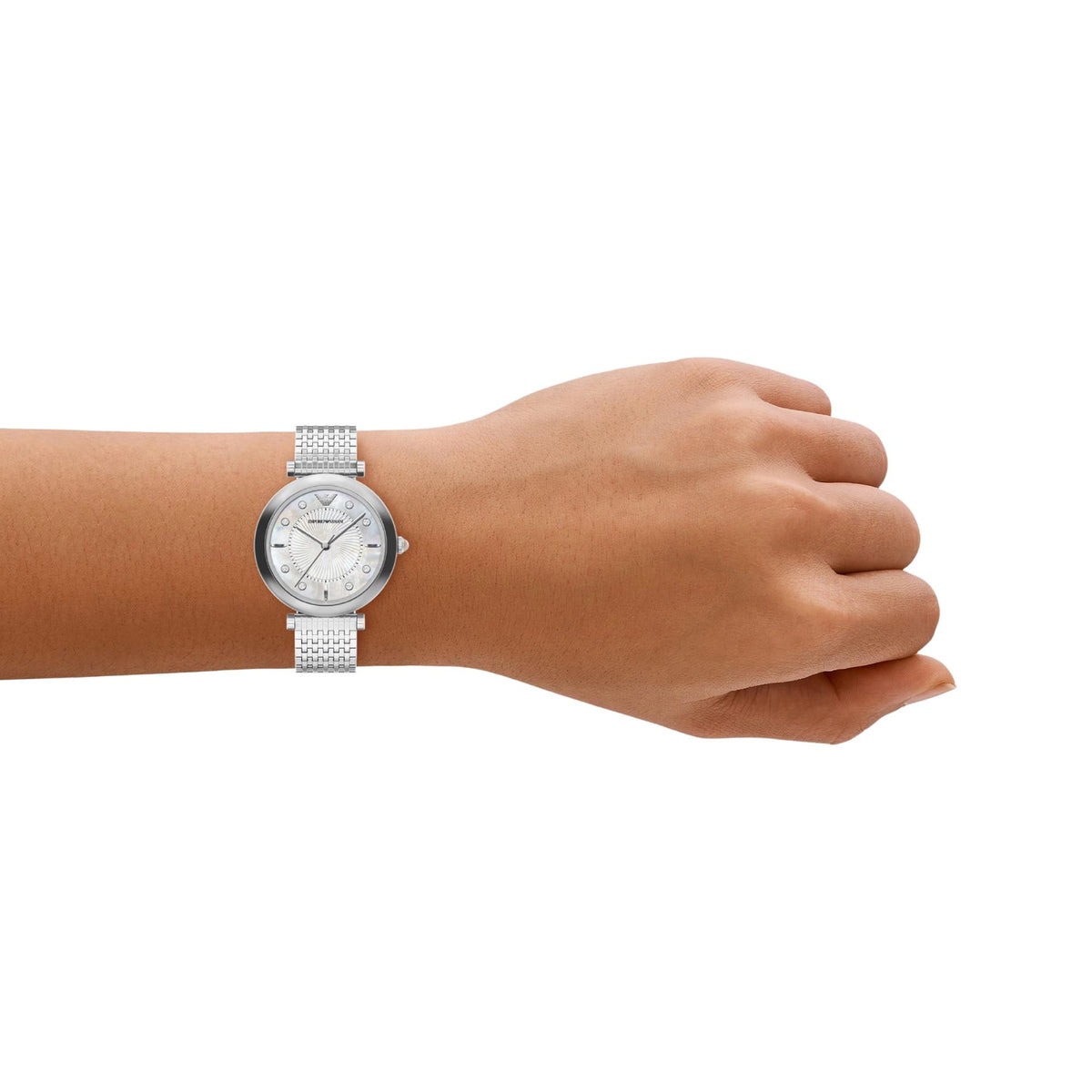 Emporio Armani Archelia AR11807 timepiece worn on a wrist, displaying the 32mm round stainless steel case, mother of pearl dial, and multi-link silver metal bracelet