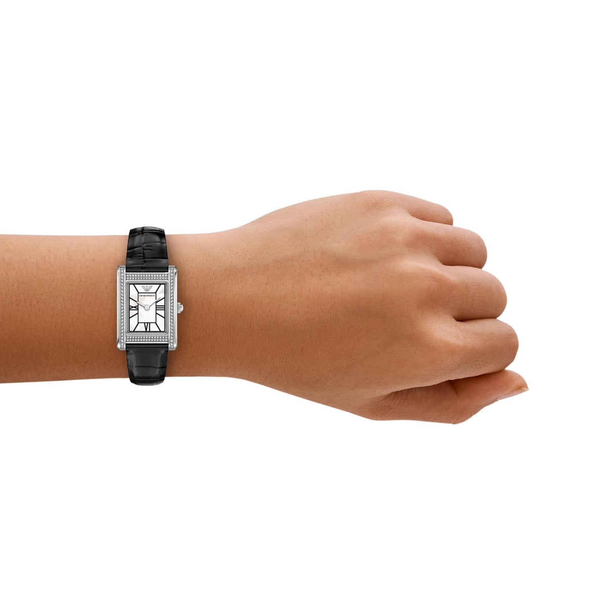 Emporio Armani Genni AR11803 timepiece displayed on a wrist, showing the 22.5mm rectangular silver case, mother of pearl dial face, and slim black leather strap